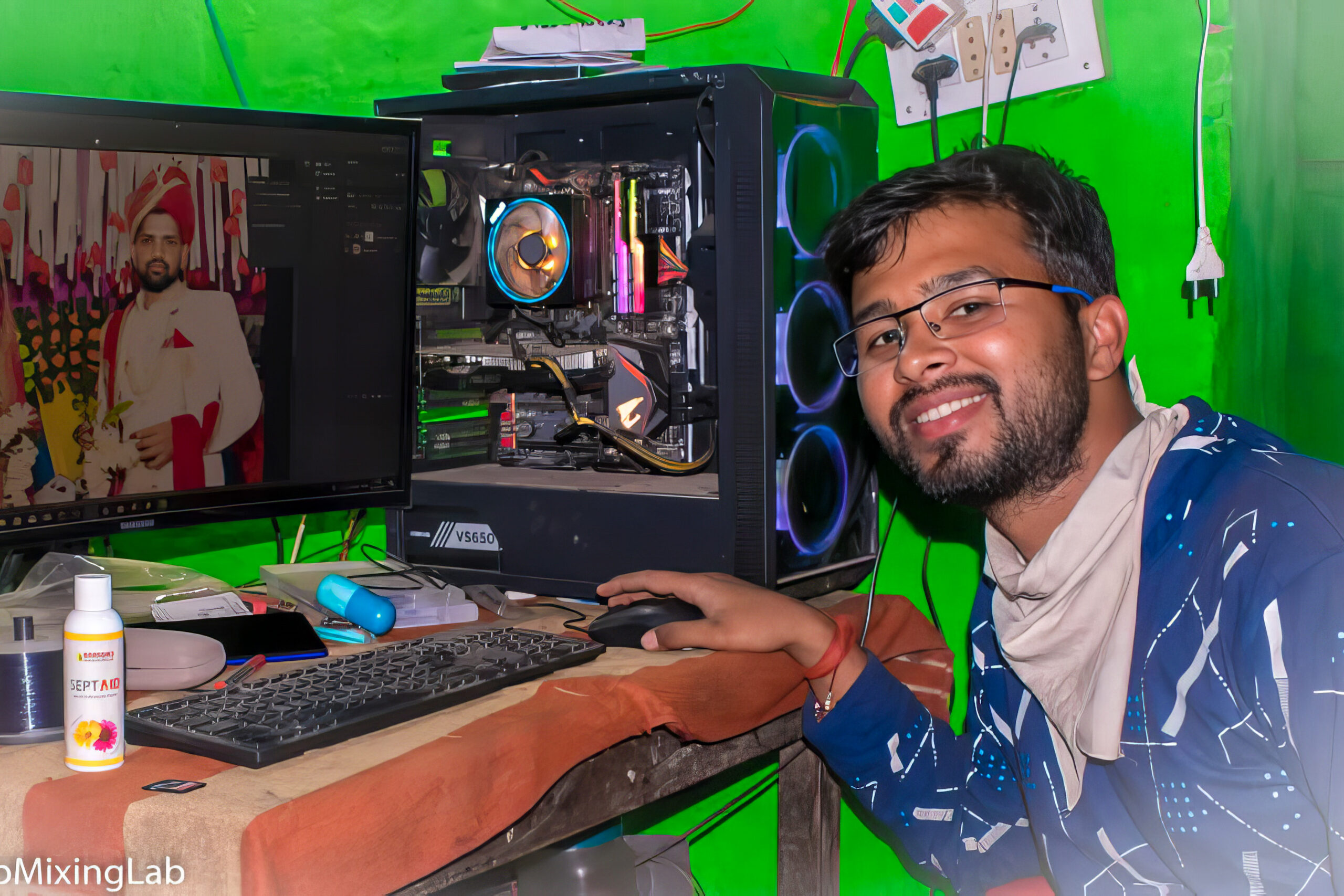 Payal Films professional photographer editing wedding photo on desktop computer with RGB PC setup in Bihar studio