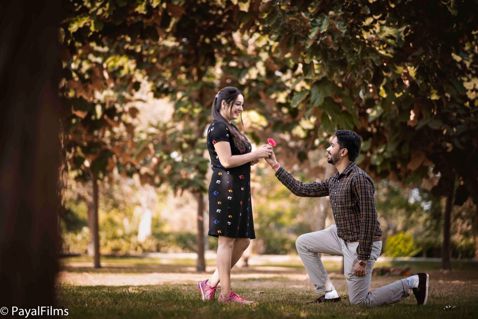 Groom kneeling and proposing with a flower to smiling bride in outdoor garden captured by Payal Films