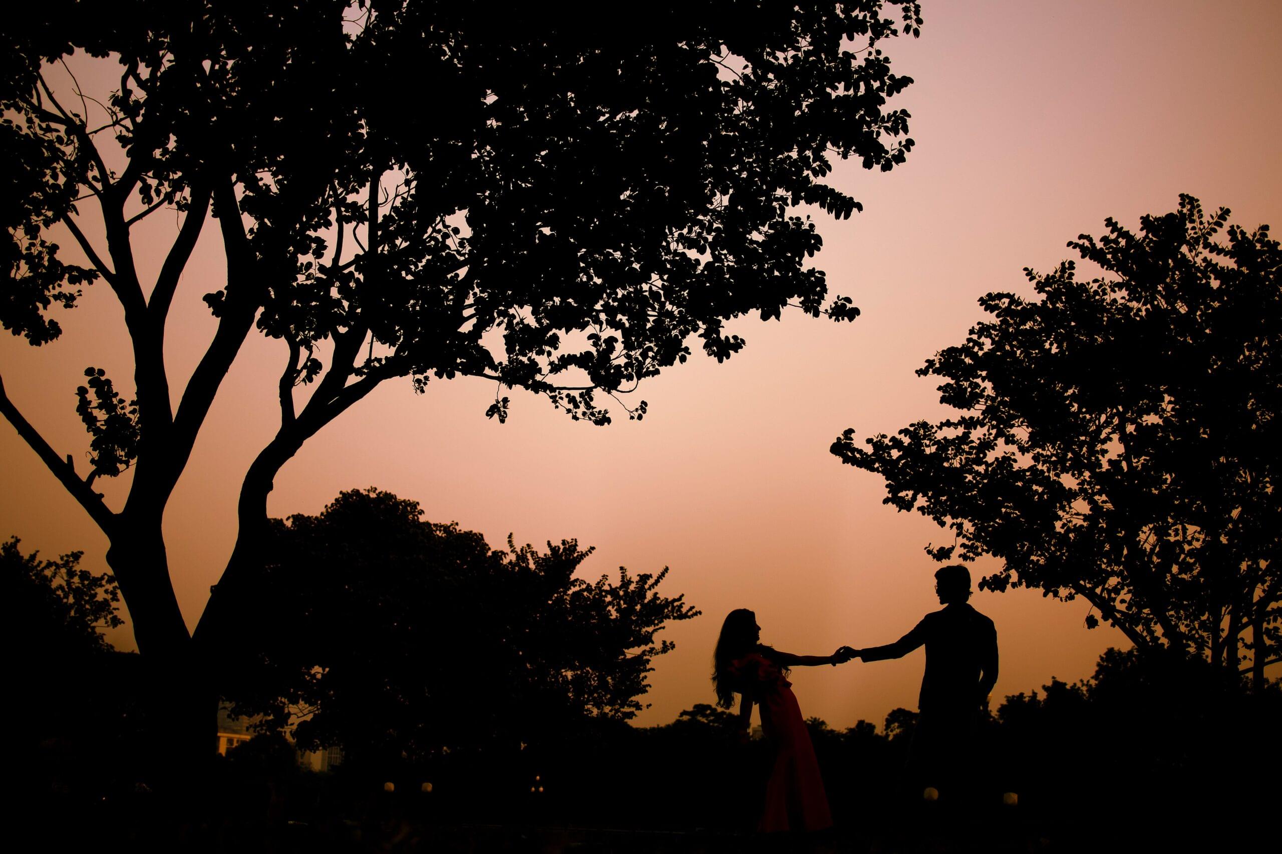 Two silhouetted figures hold hands under trees against a warm, glowing sky at sunrise or sunset.