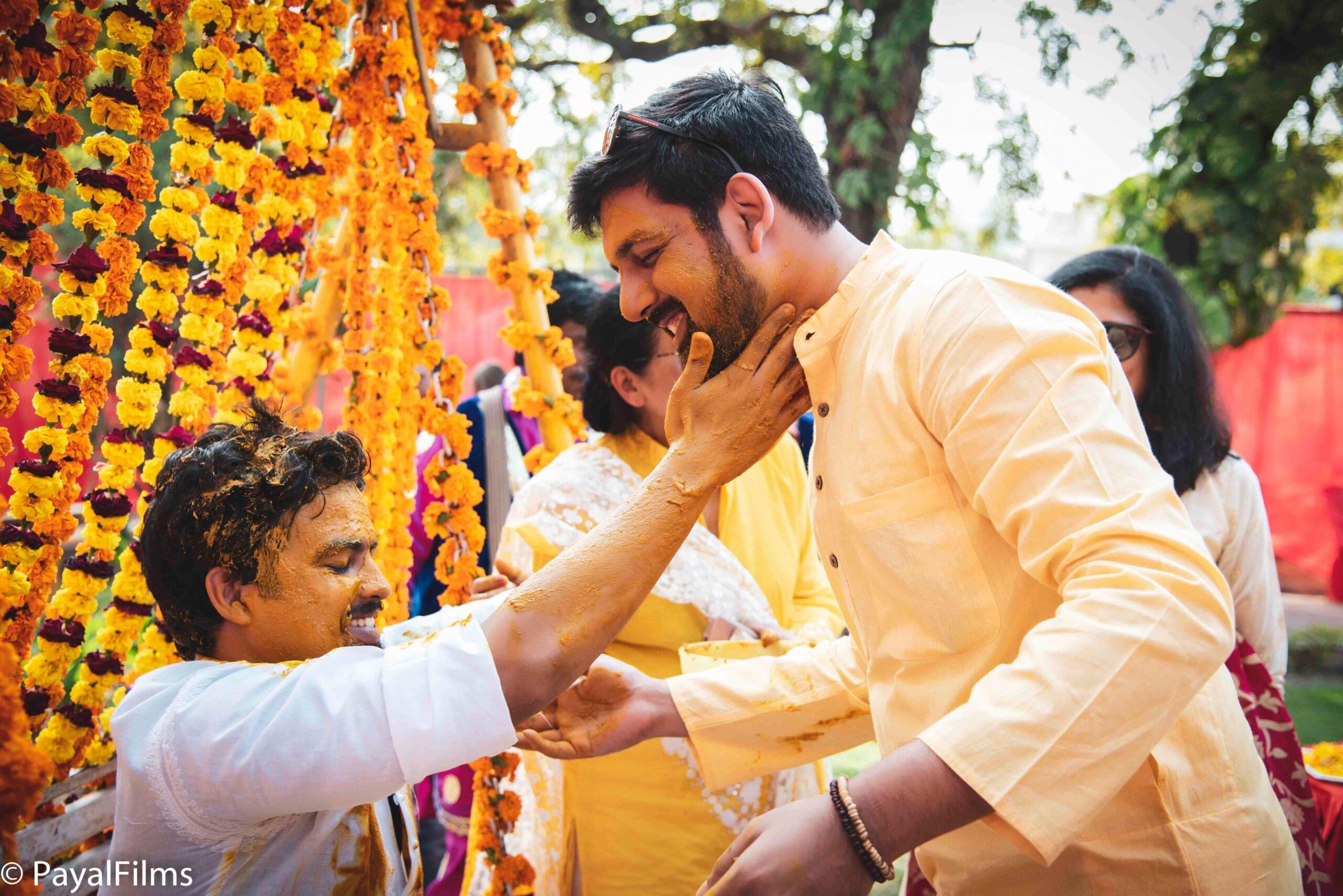 Payal Films haldi ceremony with family and friends applying turmeric during wedding in Bihar