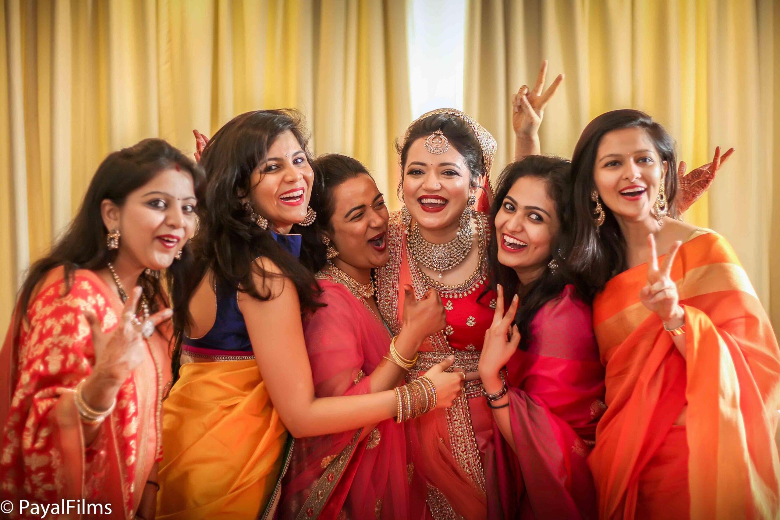 Payal Films bride with friends in colorful sarees, Indian wedding celebration Khagaria